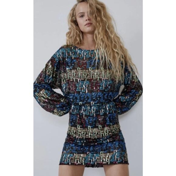 Zara Black Multicolor Sequin Mesh Long Sleeve Mini Dress Womens Size Small - Picture 1 of 7